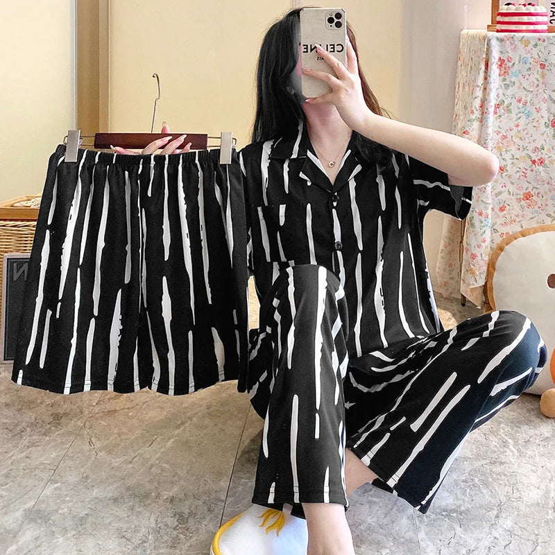 New Women's Lapel Pajamas Three-Piece Set High-Value Thin Section Loose Short-Sleeved Home Wear