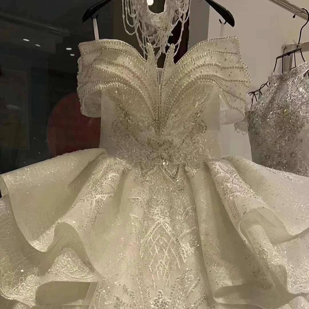 S8516F Handmade Heavy Lace Tail Slimming Deep V With Chapel Train Long Women's Party Gown Wedding Dress