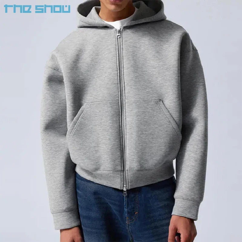 Custom Logo Heavyweight 100% Cotton Full Zipper Hoodie 500gsm Oversized Thick Drop Shoulder Boxy Cropped Zip Hoodie