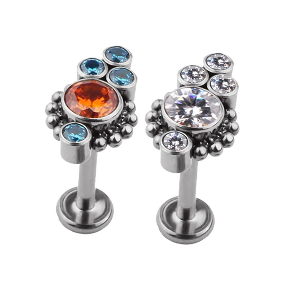 ASTM F136 Titanium 5 Colorful CZ and Ball Clusters Surrounding Top Labret Earring Hot Sale Piercing Jewelry