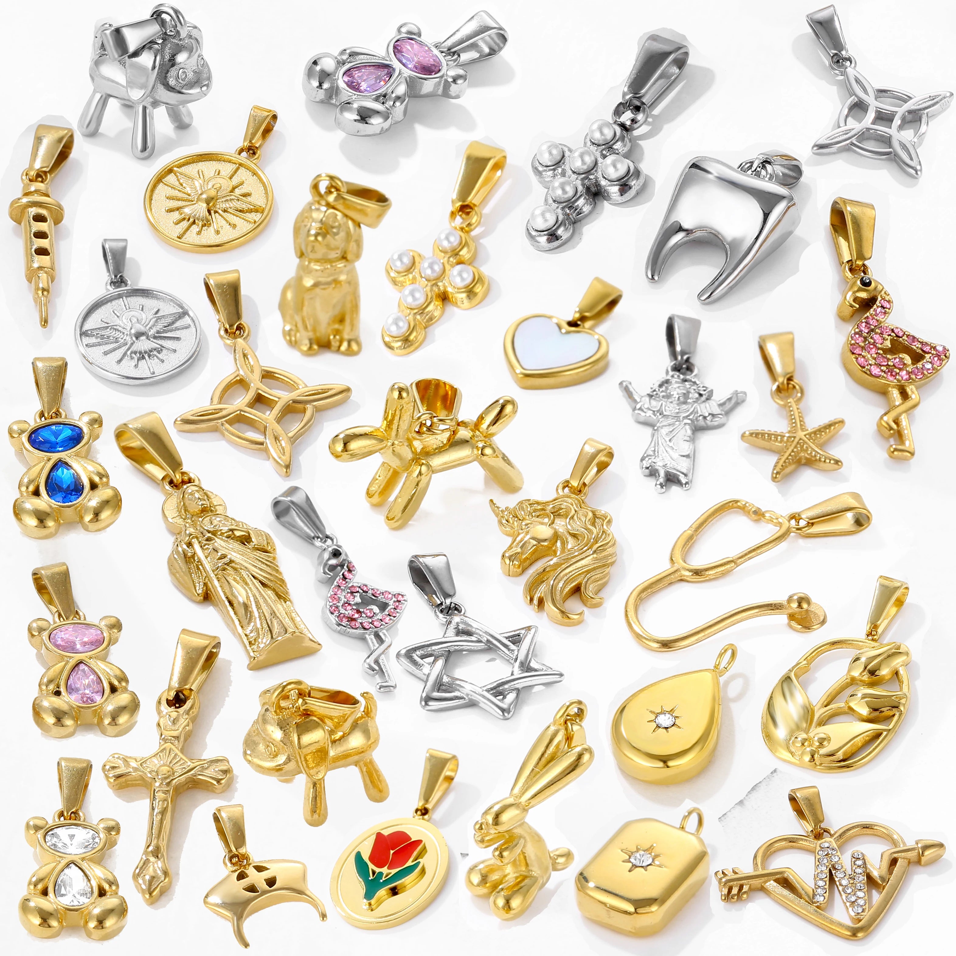 Custom Logo Men Cross Pendant Waterproof Animal Bear Dog Diy 18k Gold Tooth Charm Stainless Steel Charms for Jewelry Making