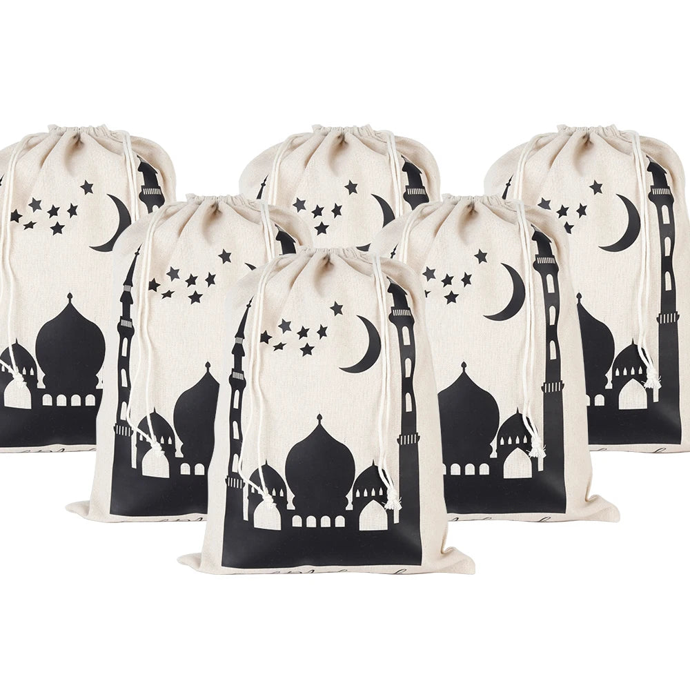 Ramadan Eid Mubarak Linen Drawstring Jute Large Burlap Pouch Bags Gift Bags Eid Decoration Party Favor Jute Gift Pouch