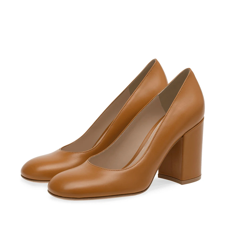 Women 8cm Block Heel Brown Pumps Round Toe Chunky Heel Shoes