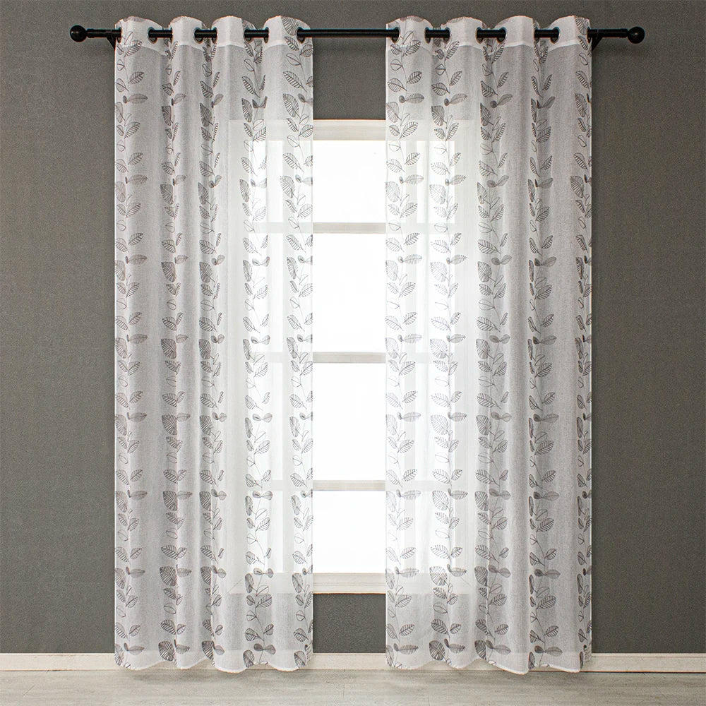 Custom Leaf Pattern Embroidered Sheer Tulle Curtains White Drapes Rideau Voilage for Living Room Window