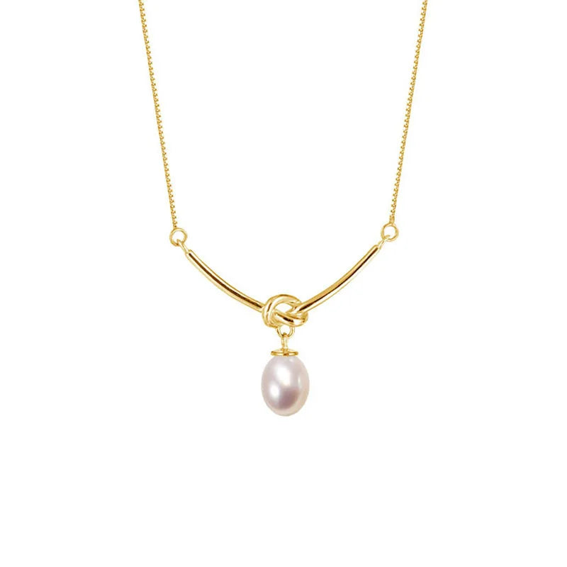 Elegance 925 Sterling Silver Smile Line Knot Oval Freshwater Pearl Pendant Necklace for Women Wholesale
