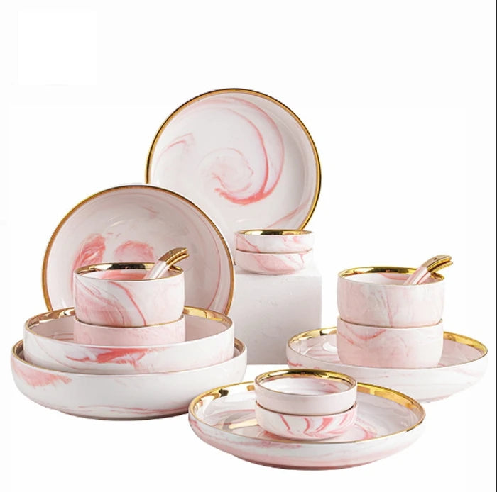 Marbled Ceramic Tableware Glazing Stoneware Tableware Metal Edge Dinnerware Dinner Set
