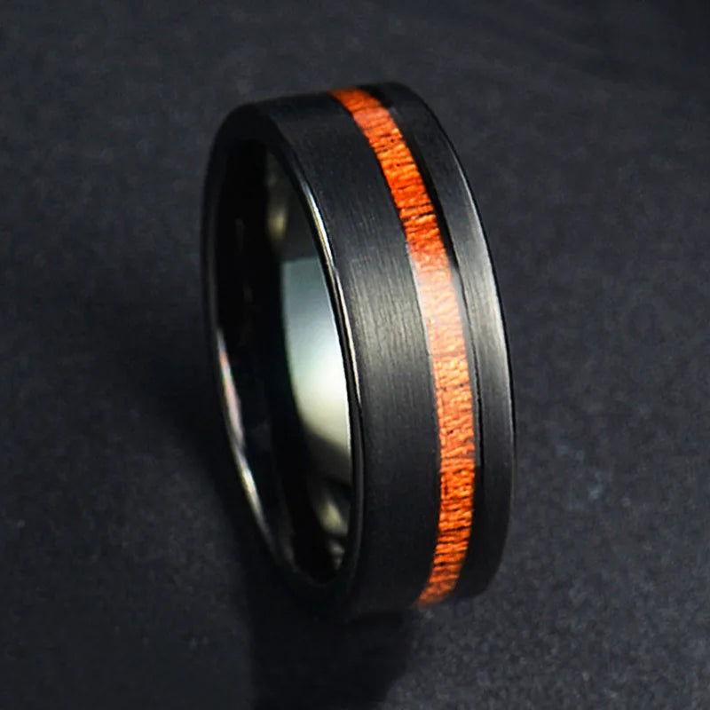 Poya Wholesale Mens Hawaii Koa Wood Inlay 8mm Matte Brushed Black Tungsten Ring