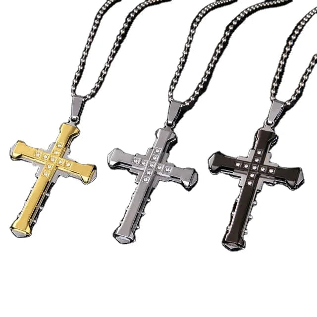 SC New Bright Inlaid Zircon Necklace Vintage Golden Cross Necklace Creative Cross Zirconia Necklace for Women and Men