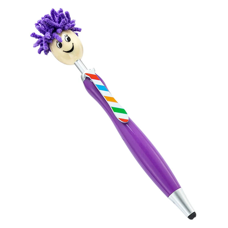 New Fashion Doll Head Hair Plastic Pen with Cute Face Custom logo Moptop Design Plastic Stylus Pen for Christmas Gift