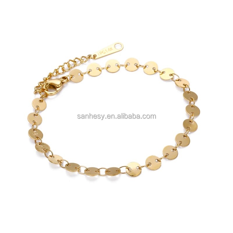 Trendy 316L Stainless Steel Silver/Gold Plated 15cm Round Disc Sequin Chain Link Unisex Anniversary Bracelet