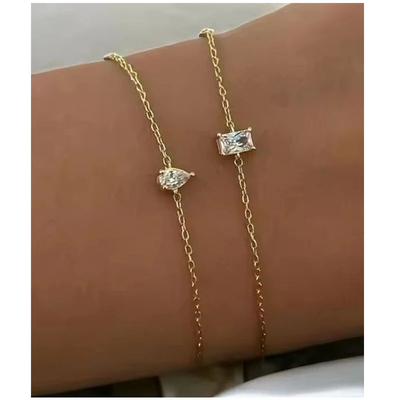 18K PVD Gold Plated Waterproof Stainless Steel Tear Drop Rectangle Zirconia Bracelet for Women Wholesale Jewelry