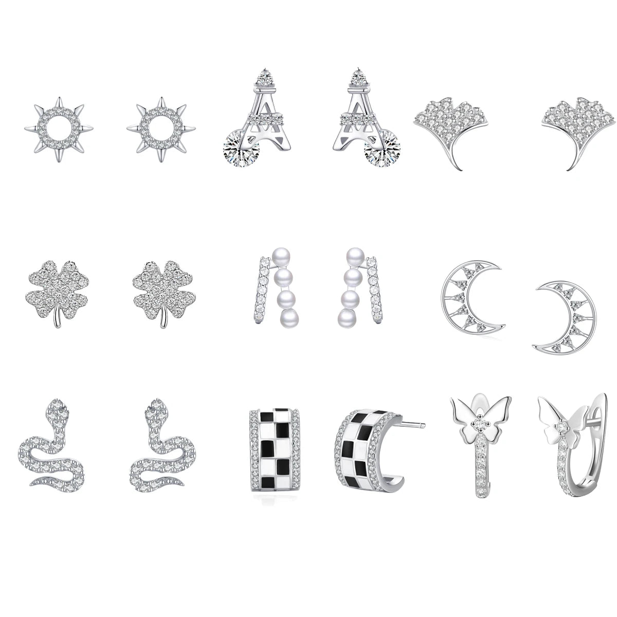 925 Sterling Silver Rhodium Plating Zircon CZ Earrings Hot Style Small Light Butterfly Eiffel Tower for Anniversary Party Gift