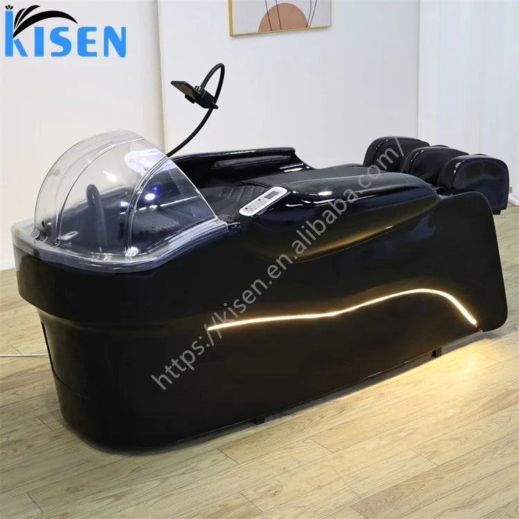 Kisen Head Spa Black Electric Shampoo Bed Shampoo Chair With White Ceramic Bowl for Barbershop and Beauty Salon