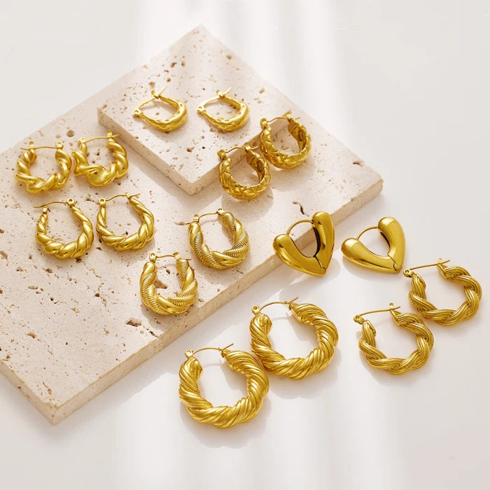 Classic 18K Gold Plated Hypoallergenic Stainless Steel Titanium Thick Twist Hoop Earrings Piercing Stud Children's