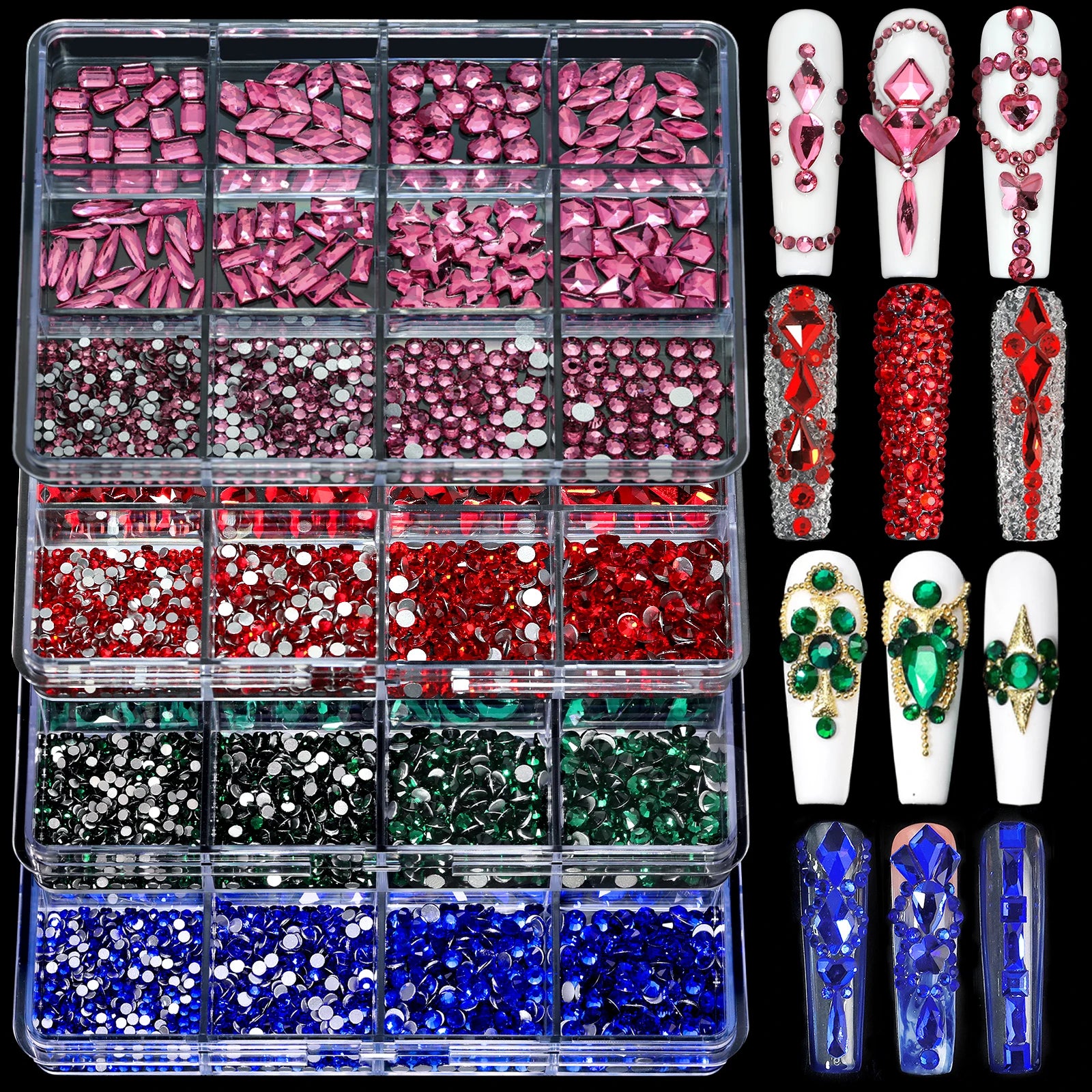 Misscheering Hot Selling Nail Art Accessories 12 Grid Rhinestone Jewelry AB Flat Bottom Diamond Nail Shaped Diamond Cover Box