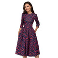 Autumn Winter Women's Retro A-Line Dress Small Floral Print Three-Quarter Sleeves O-Neck Natural Waist Eco-Friendly Chiffon