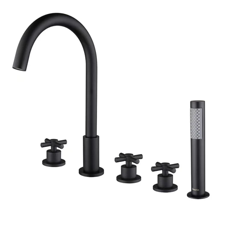 Luxury Five Hole Matte Black Deck Mounted Brass Bathroom Bathtub Handheld Faucet Shower Mixer Tap Faucet Set