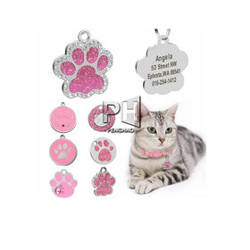 Custom Cat ID Tag Personalized Cat Name Tag Pendant Collar Engraved Cats Kitten Name Plate Accessories Paw Round Glitter Pink