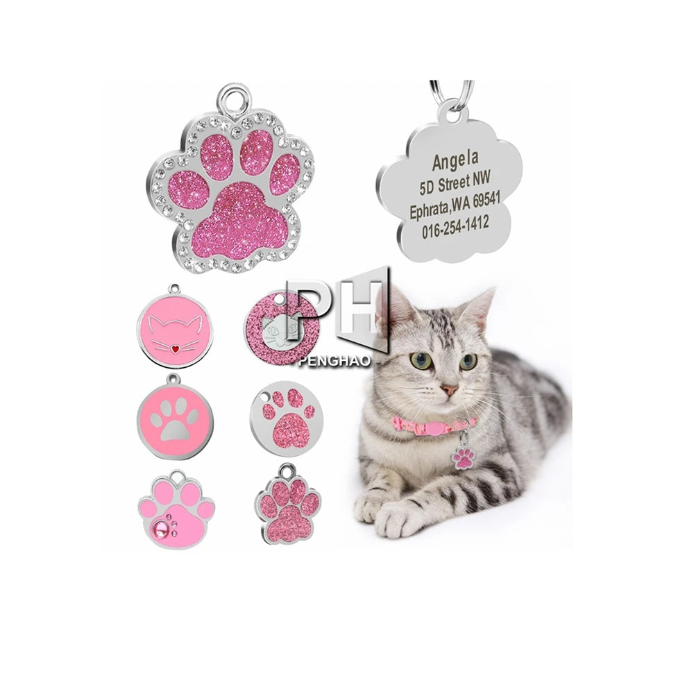 Custom Cat ID Tag Personalized Cat Name Tag Pendant Collar Engraved Cats Kitten Name Plate Accessories Paw Round Glitter Pink