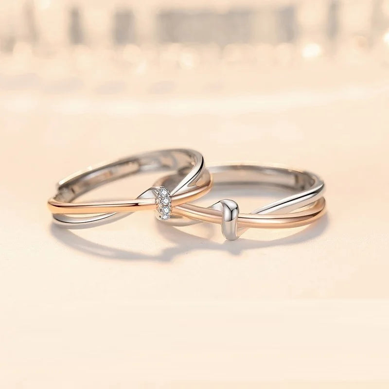 New Trendy Exquisite Sweet Lover Knot Wedding Ring Luxury Color Heart Adjustable Diamond Couple Ring Engagement Gift