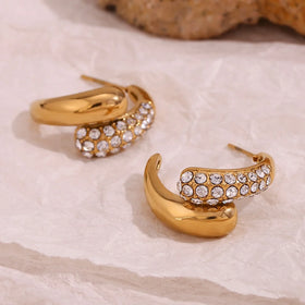 Splicing Zircon Earrings Crescent Gold Plated Hoop Earrings Tarnish Free Stainless Steel Jewelry