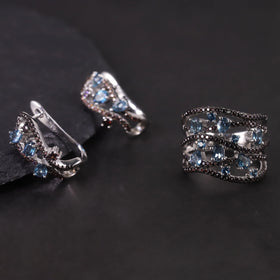 W0338 Handmade Jewelry Factory Wholesale Rhodium Plated 925 Sterling Silver Natural London Blue Topaz Trendy Jewelry Set