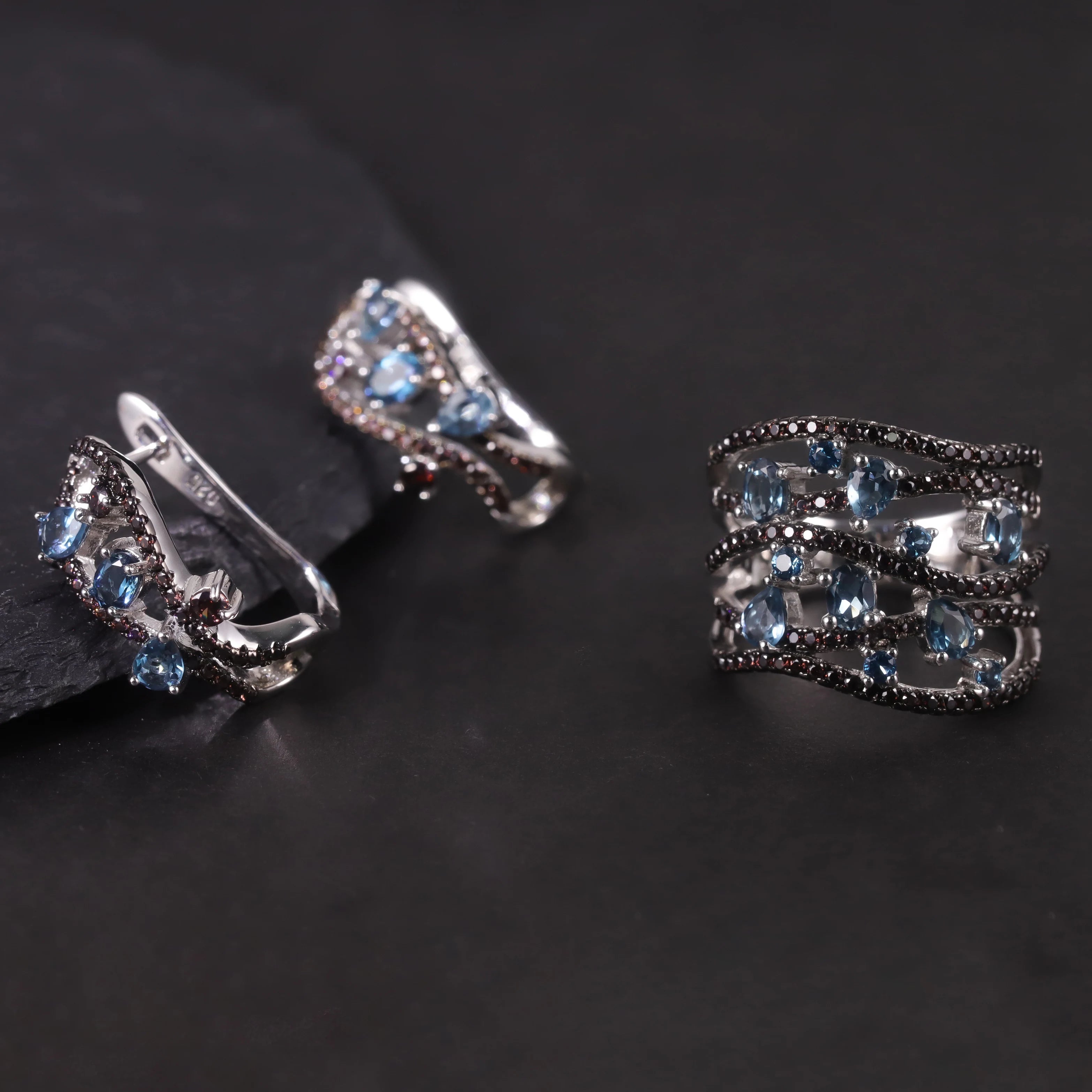 W0338 Handmade Jewelry Factory Wholesale Rhodium Plated 925 Sterling Silver Natural London Blue Topaz Trendy Jewelry Set