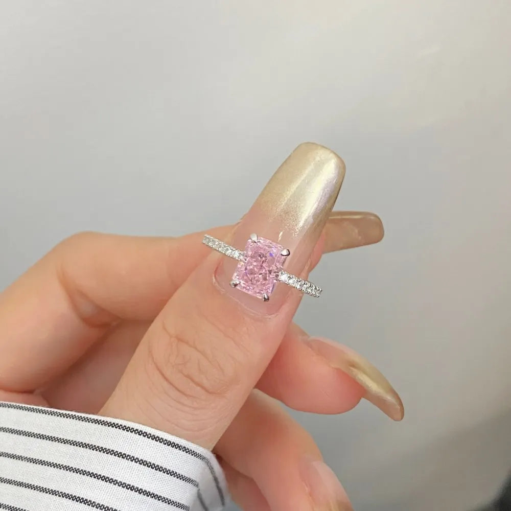 925 Sterling Silver 5A Cubic Zircon Iced Out Engagement Rings Bling Gold Plated Wedding Ring S925 Pink Diamond Baguette Ring