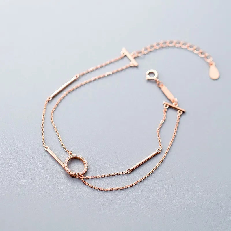 Cubic Zirconia Round Shape Rose Gold Plated Double Layered Chain 925 Sterling Silver Charm Bracelets Fashion Jewelry for Women