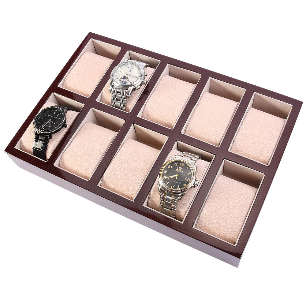 10 Slot Counter Cherry Black Wood Lacquered Watch Display Jewelry Organizer Case Tray