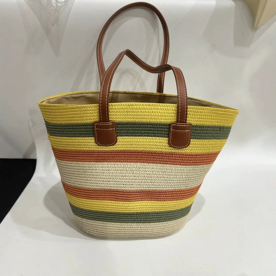 Women's Large Capacity Casual Woven Bag Zipper New Shoulder Straws Bags for Vacation Seaside Beach Fashionable
