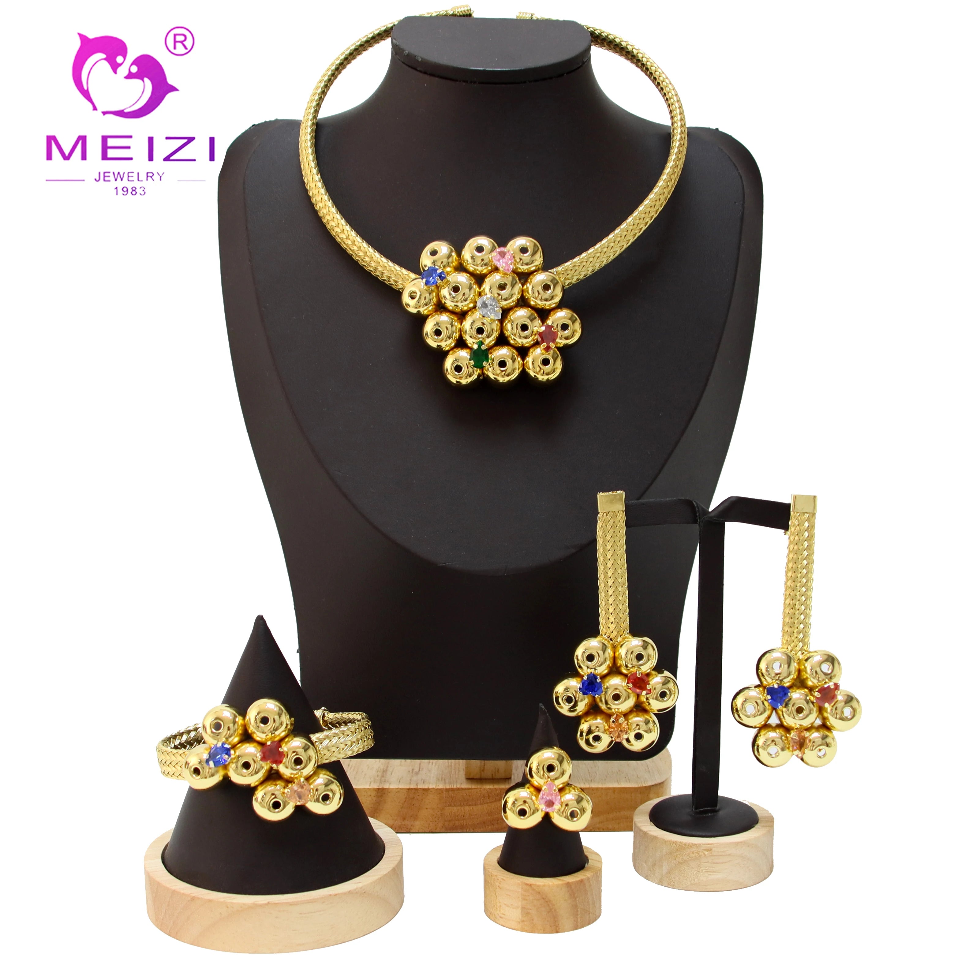 MEIZI Jewelry Newest Brazilian Gold Plated Bead Pendant Jewelry Set for Women Simple Necklace Earring Bracelet Set