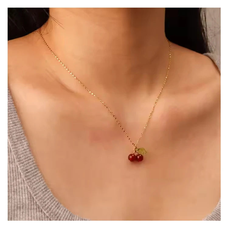 Chris April 316L Stainless Steel 18k PVD Gold Plated Natural Gems Carnelian Stones Cherry Pendant Necklaces