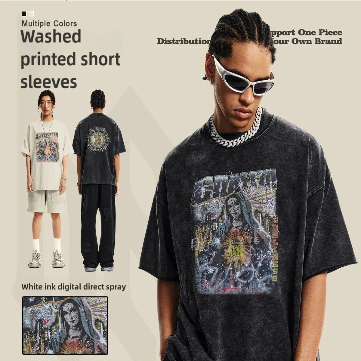 310G Vintage Wash 100% Cotton Soft Men's Short Sleeve T-shirt American Fashion Brand Digital Printed Spring/Summer Style for