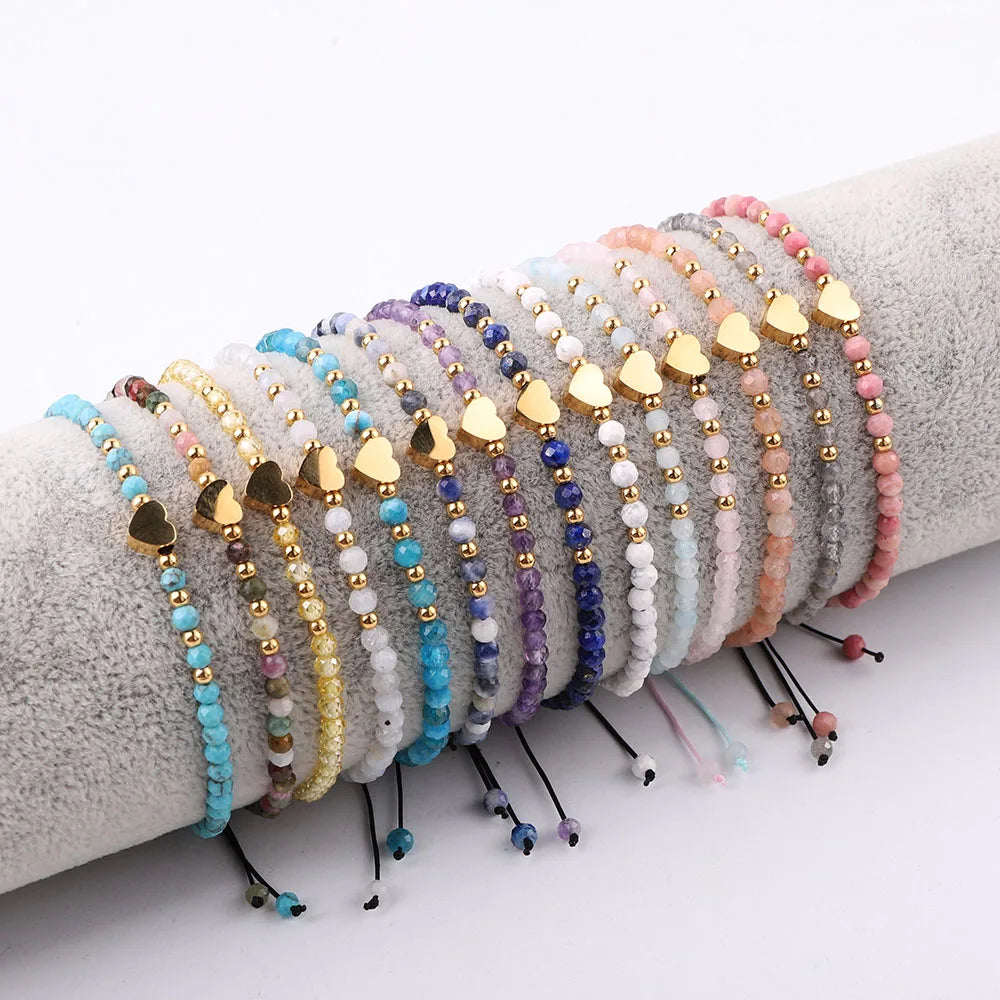 New Design 3mm Faceted Gemstone Jewelry Waterproof Stainless Steel Beads Heart Charm Adjustable Custom Bracelet for Women