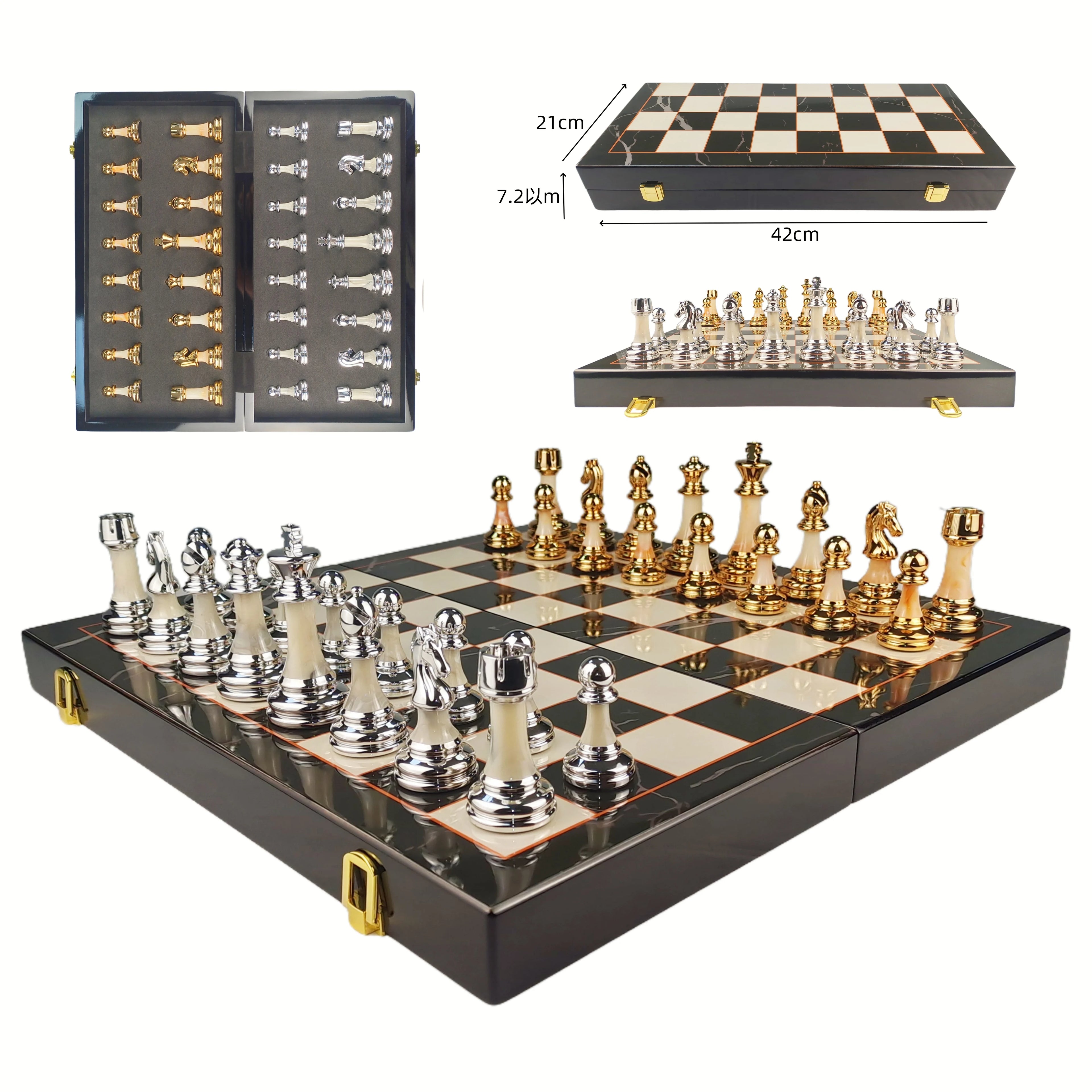 Good Quality Factory Custom 16.5 Inch 42cm Wooden Marble Pattern Chess Box Board Set Luxury Foldable Chess Table Indoor