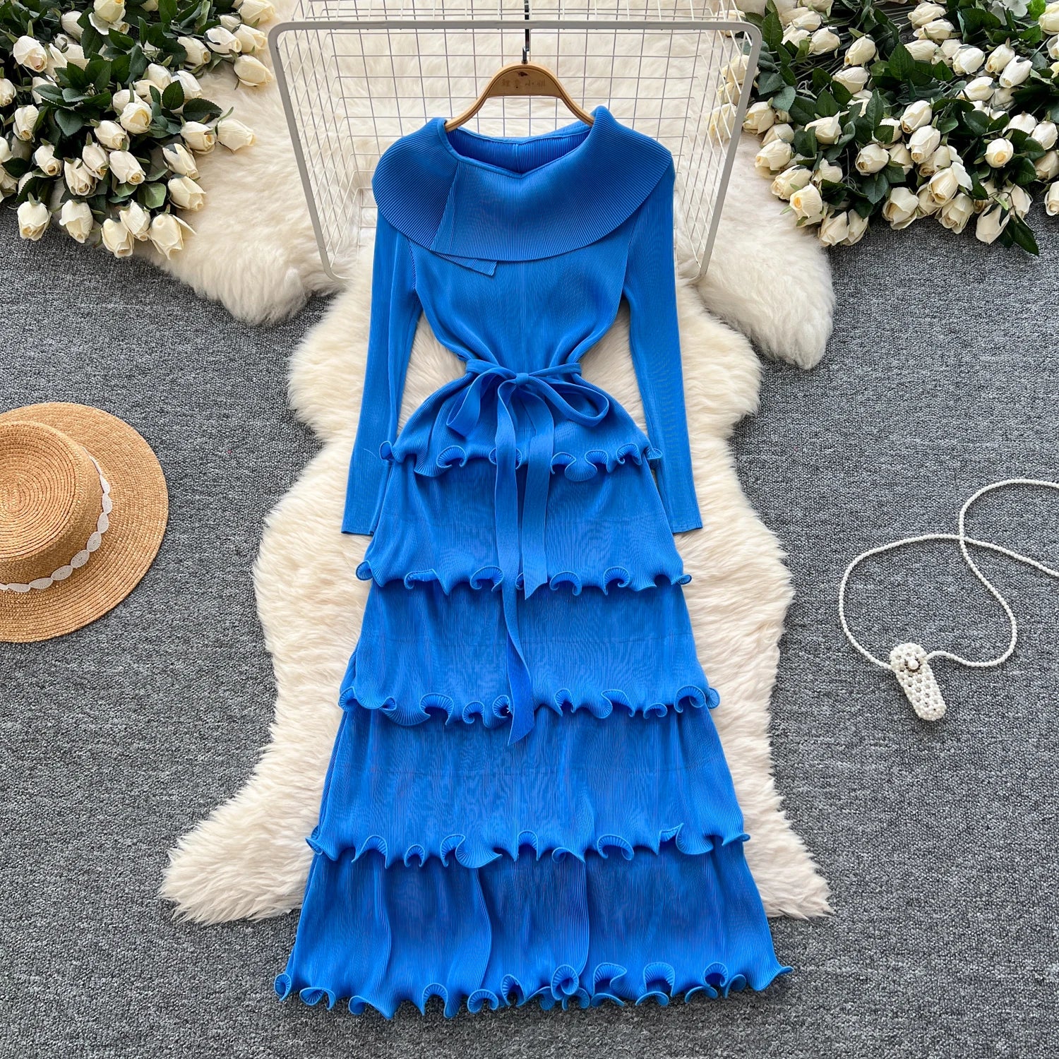 LW1092 Miyake Fold Niche Retro Lapel Lace-Up Waist Ruffled Edge Pleated Elegant Dress Women'S Clothing Dress