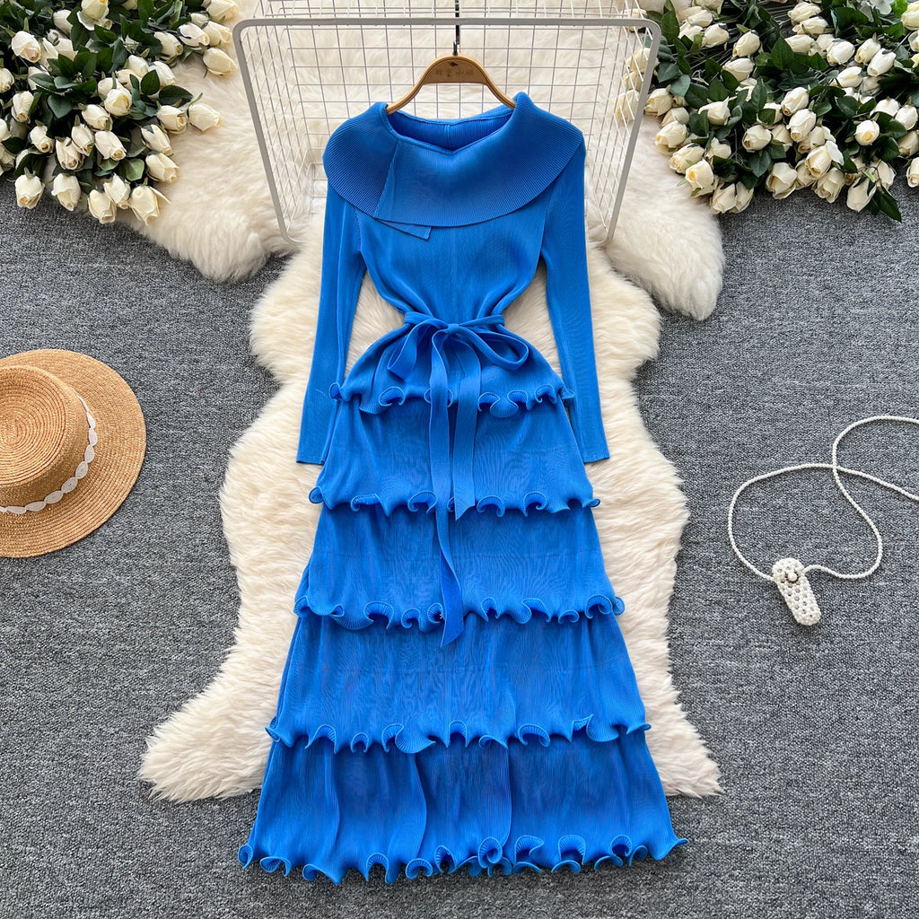 LW1092 Miyake Fold Niche Retro Lapel Lace-Up Waist Ruffled Edge Pleated Elegant Dress Women'S Clothing Dress