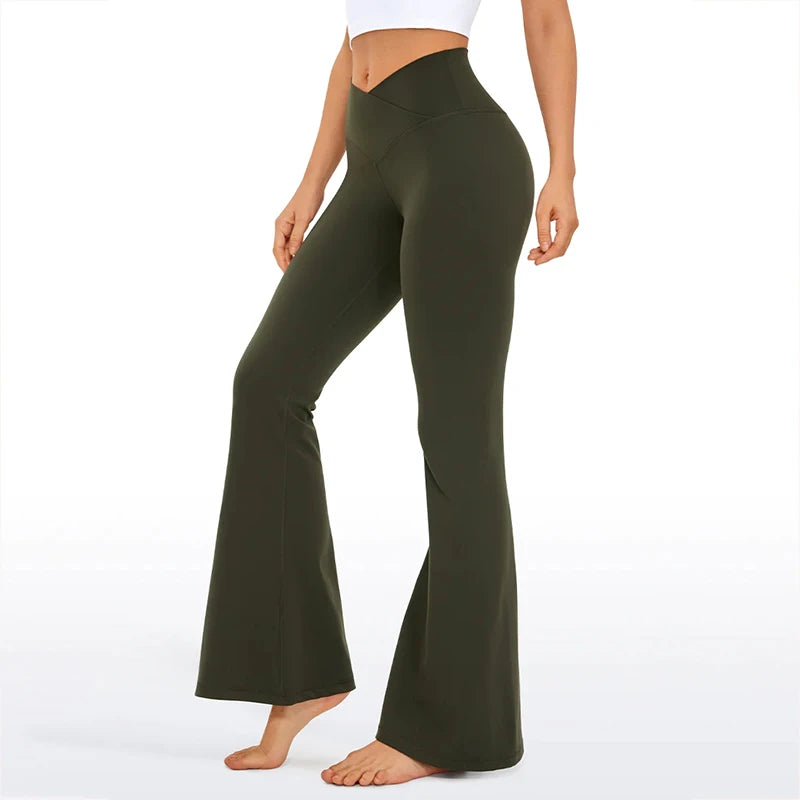 High-Waisted V Cut Waist Sport Workout Yoga Pants for Women Gym V Cross Waist Yoga Flare Leggings with Solid Pattern