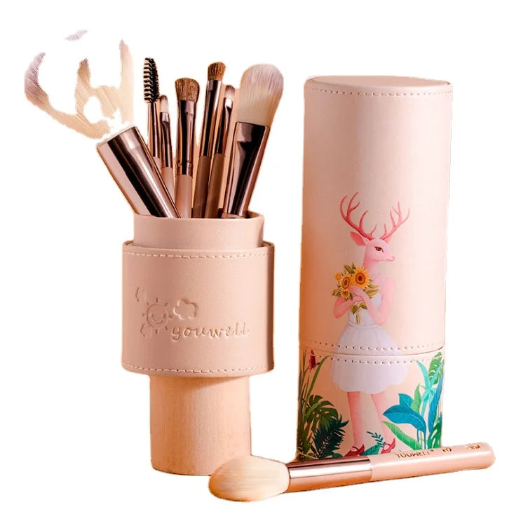 Jieniya 7pcs Makeup Brush Set Wood Handle Synthetic Hair With Brush Pot
