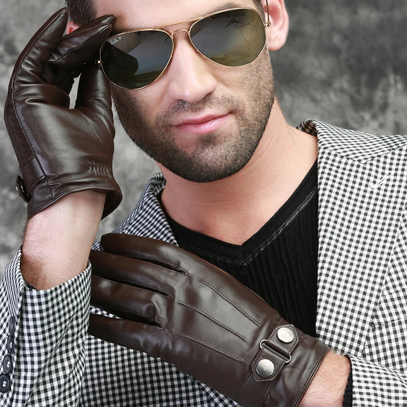 Fashion Plush Fleece Lining Thermal Sheepskin Leather Men Gloves