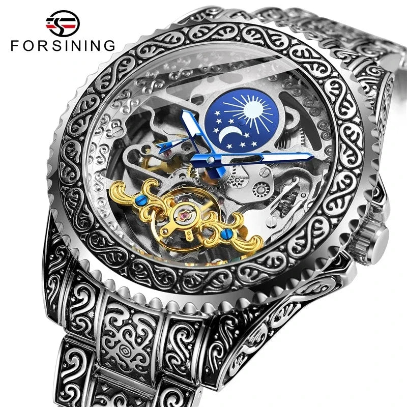 Forsining Men Tourbillion  Mechanical Wrist Watch Moon Phase Stainless Steel Male Relogio Masculino Watch for Men