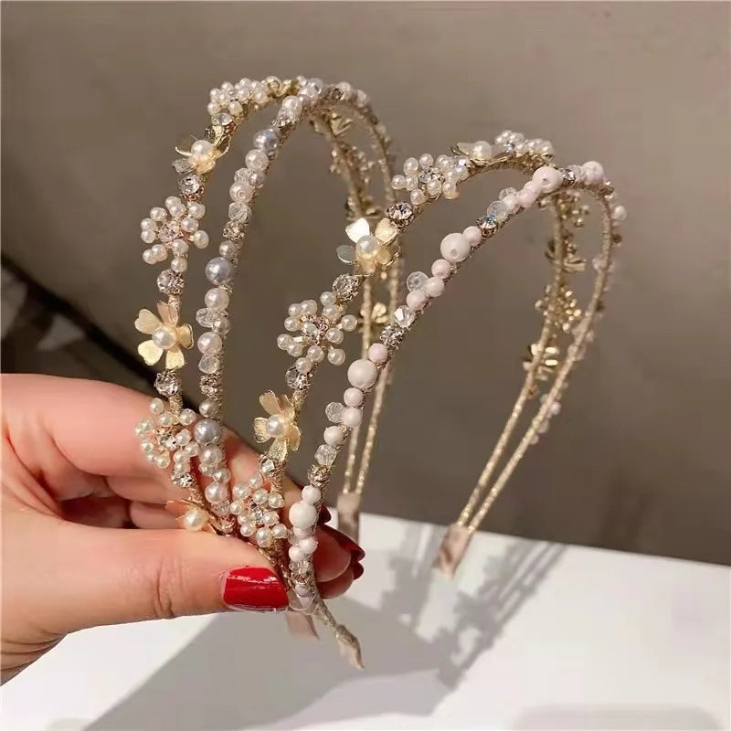 Girlfriend Birthday Gift Jewelry Sweet Double Row Flower Hair Card Temperament White Pearl Hair Band for Women Girls