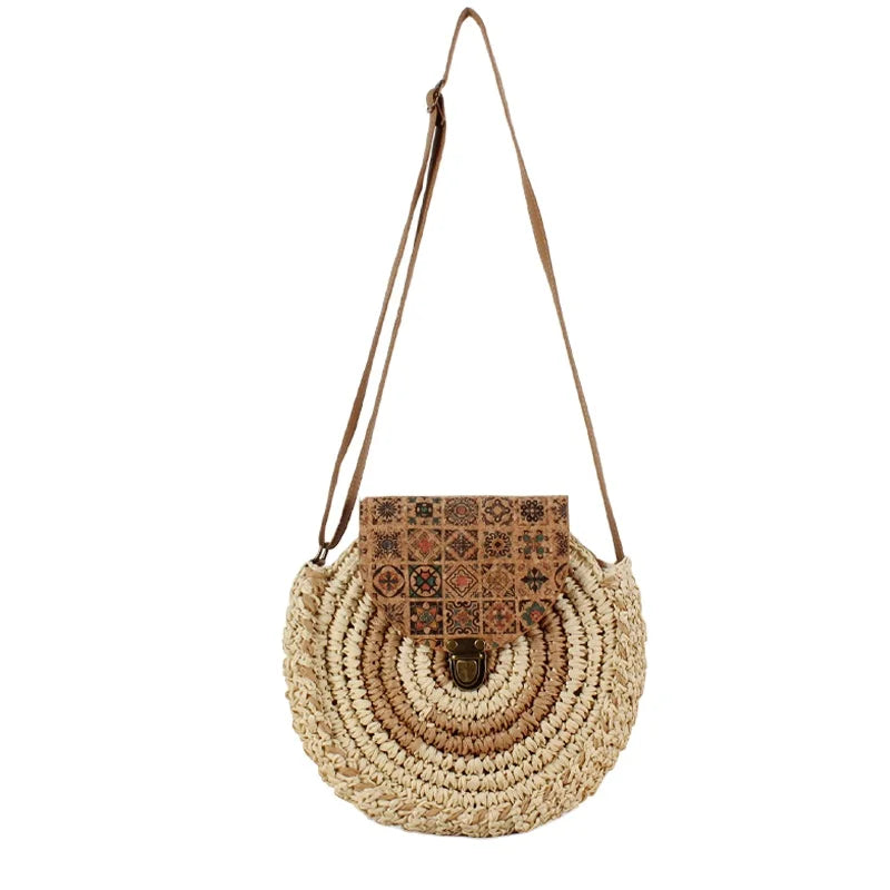 2024 Wholesale Fashion Women's Woven Paper Handmade Round Summer Beach Bag Natural Bohemian Style Dual Handles Letter Decoration