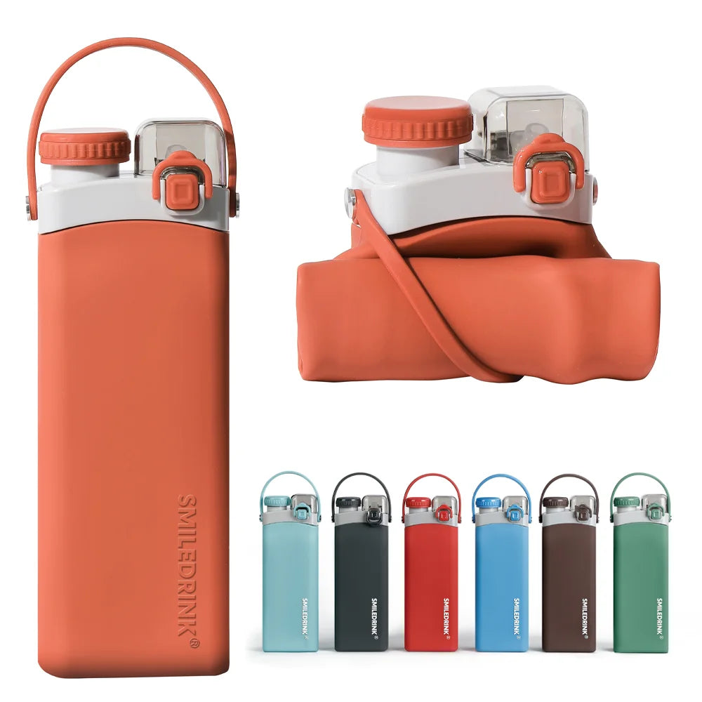 Factory Wholesale Food Grade Silicone Collapsible Sports Water Bottle 600ml Leak-proof Lid BPA Free Eco-Friendly Straw Cap