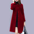 New Fashion British Solid Elegant Medium-length Woolen Coat for Women Red Wool Coat With Buttons