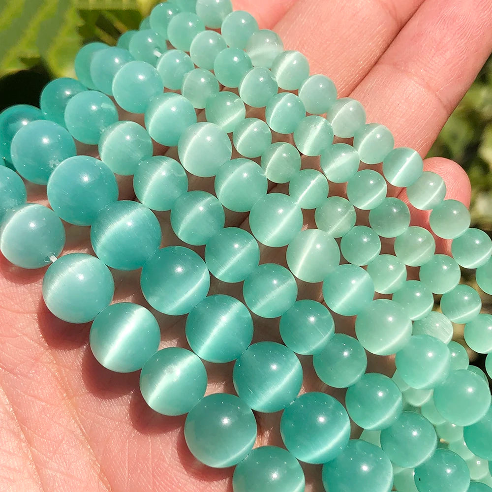 Wholesale 4/6/8/10mm Smooth Glass Mint Green Cats Eye Stone Loose Beads for DIY Jewelry Making Bracelet