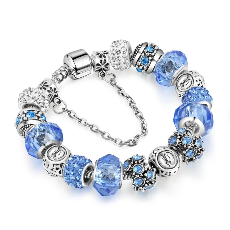 Elegant Female Gift Silver Plated Charm Multi Color Crystal Beads Women Horoscope 12 Zodiac Sign Bracelet Jewelry