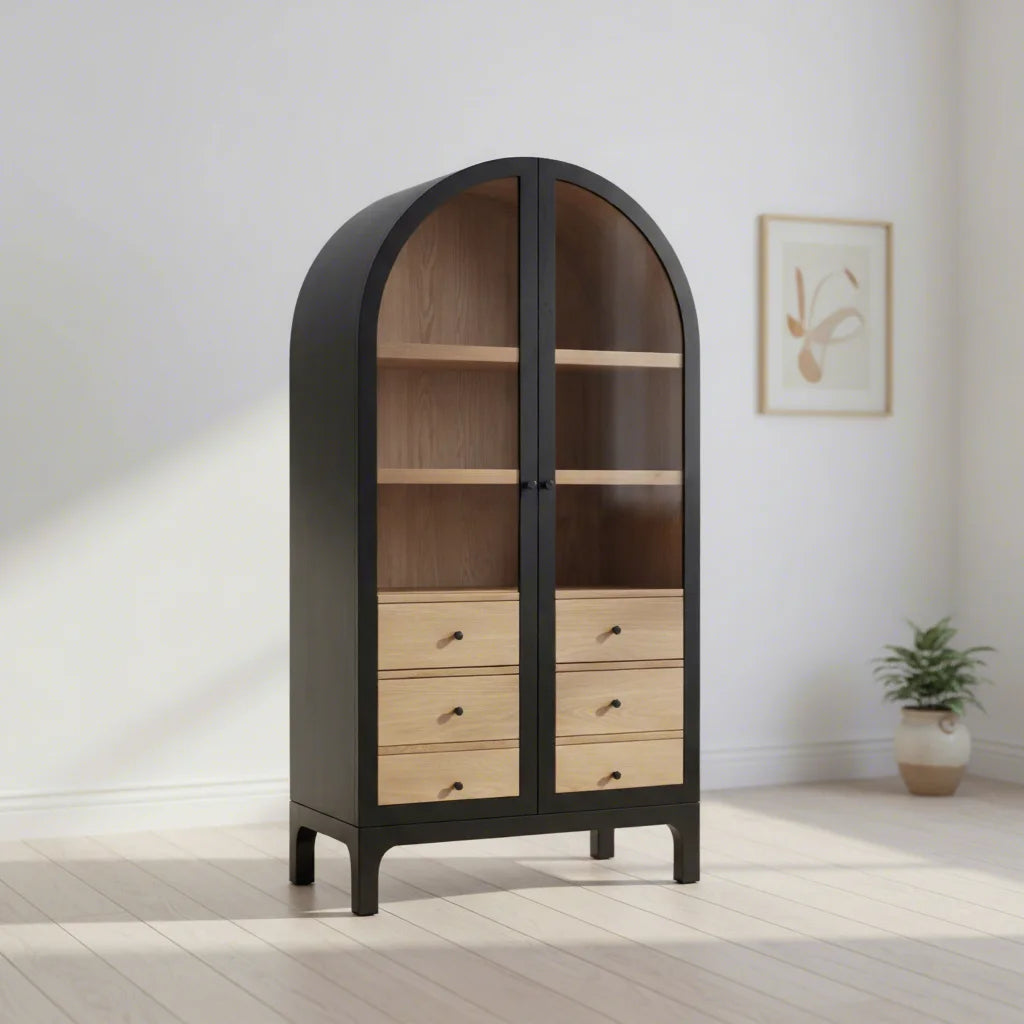 Luxury Antique Mid-Century Style Solid Oak Cabinet Restaurant Furniture Double Glass Door Arch Bookcase Bar Storage