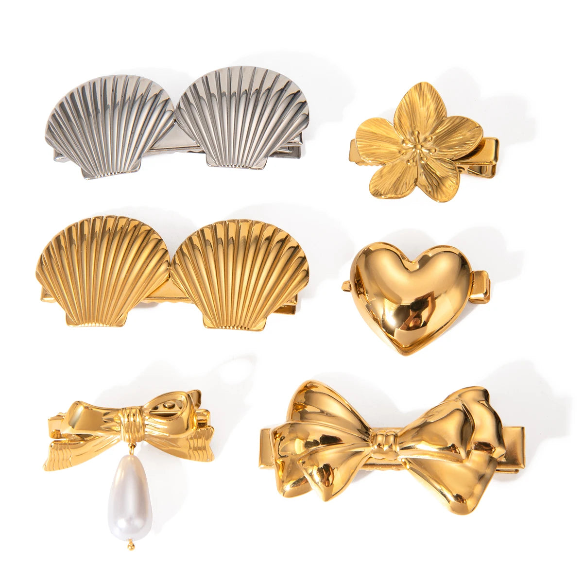 Waterproof 18K Gold Plated Stainless Steel Hair Clip Hair Accessories Shell Beach Bow Heart Pearl Flower Clip